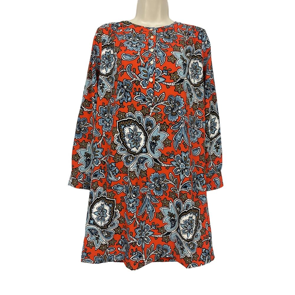 LOFT Dress Womens Small Petite Orange Blue Floral Boho Long Sleeve Henley‎ Tunic